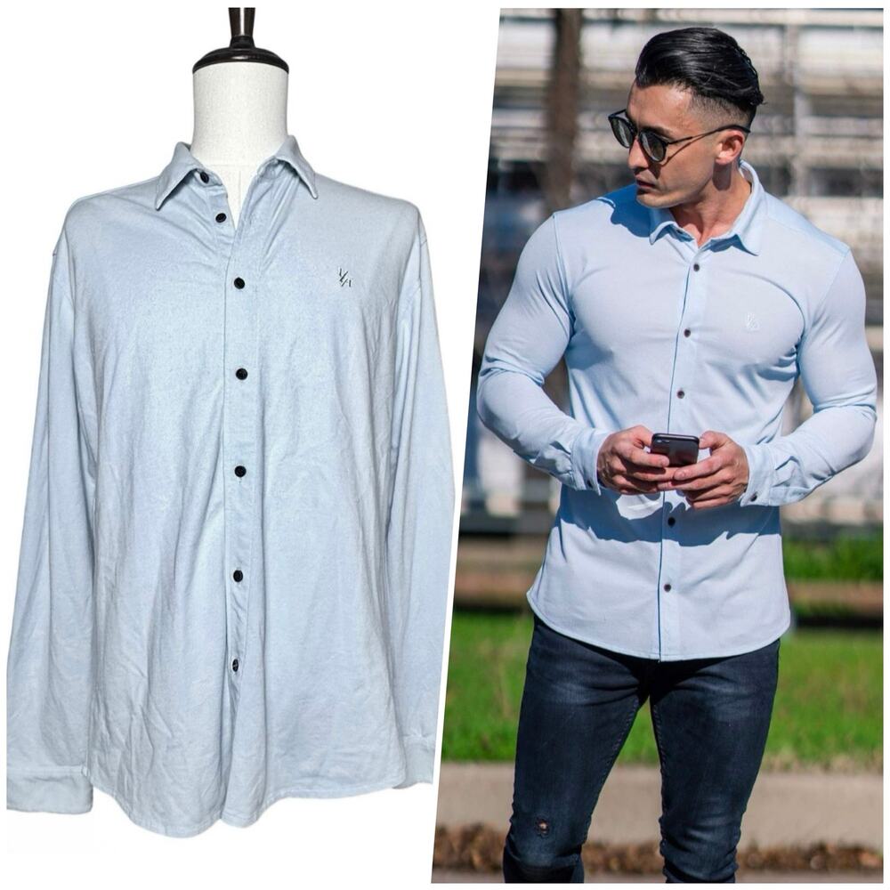 YoungLA | Men | Solid Ice Blue Stretch Knit Muscle Fit Button Up Shirt | Size XL